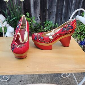 Miss L Fire Red Dragon Embroidered Platform Heels